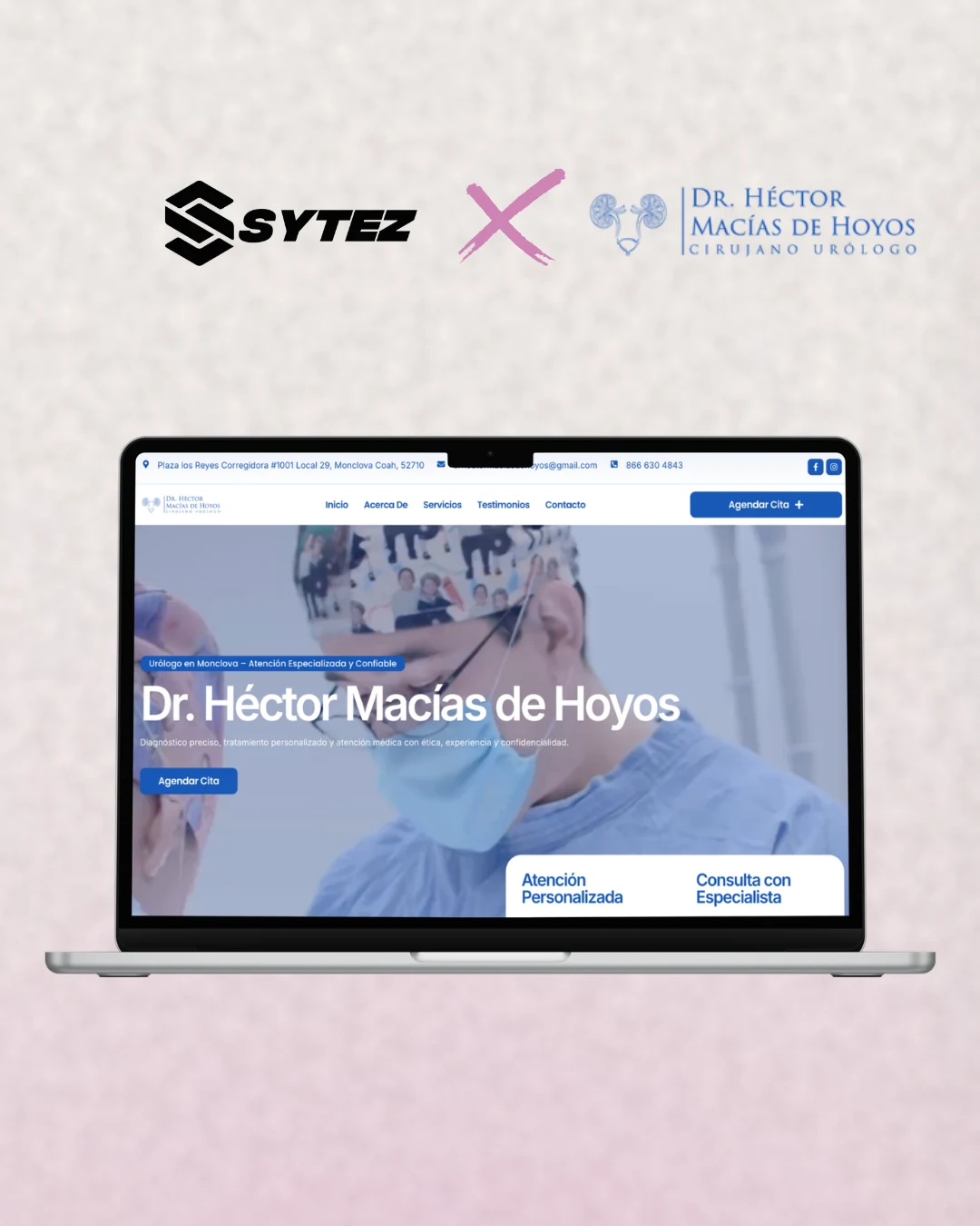 Landing page del Dr. Héctor Macías mostrada en una laptop